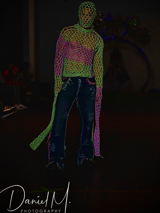 One of one mesh long sleeve shirt and head piece combo